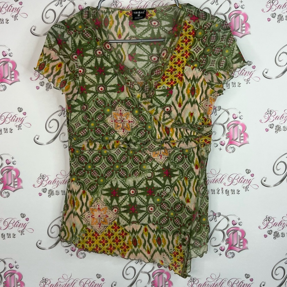 Tribal tshirt tee paisley boho Patterned Blouse Vneck shirt ruffle trim mesh